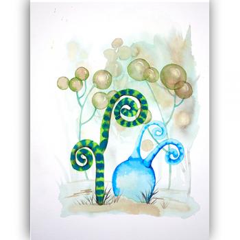 oryginal watercolor surrealistic Marta Konieczny modern 40x30 cm best gallery beautiful, for women, for gift, for modern interior, best decoration for loft, green, botanic, organic, plants, fantastic, flovers, green